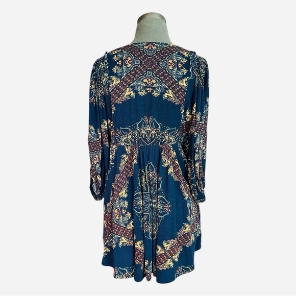 Women’s Top FREE PEOPLE Girl Talk Tunic Blue Paisley Balloon Sleeve Boho Blouse - Picture 8 of 9